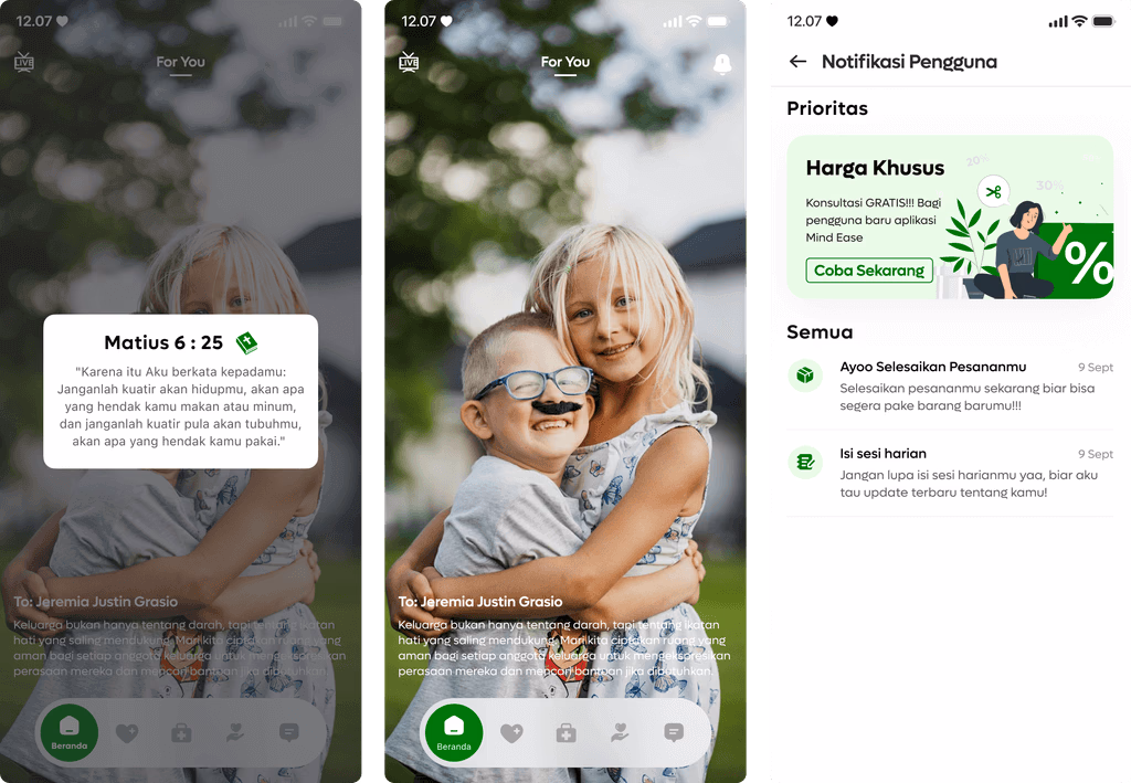 MindEase mood check, home, and notification screens.