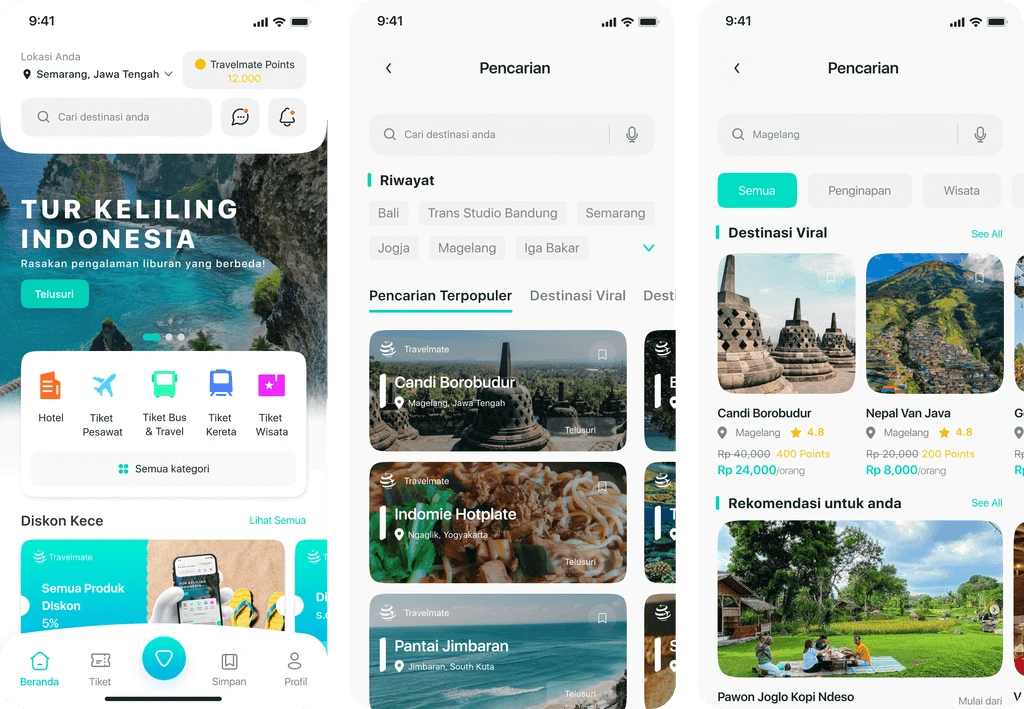 Travelmate home and destination search screens.