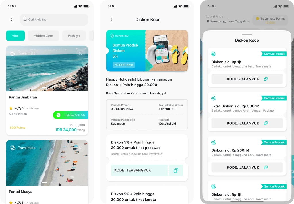 Travelmate accommodation details, coupons, and booking screens.