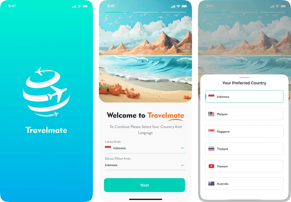 Travelmate login and onboarding screens with travel preferences.