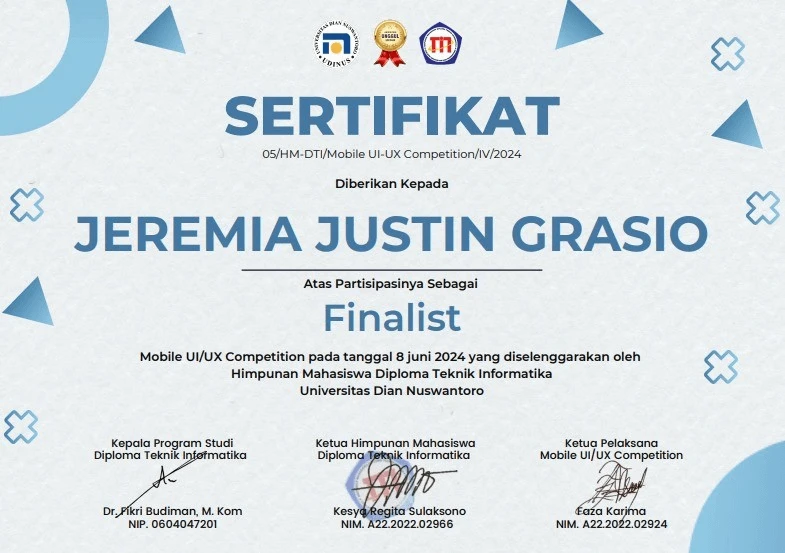 Udinus UI/UX competition Top 10 finalist certificate for the Pandai project.