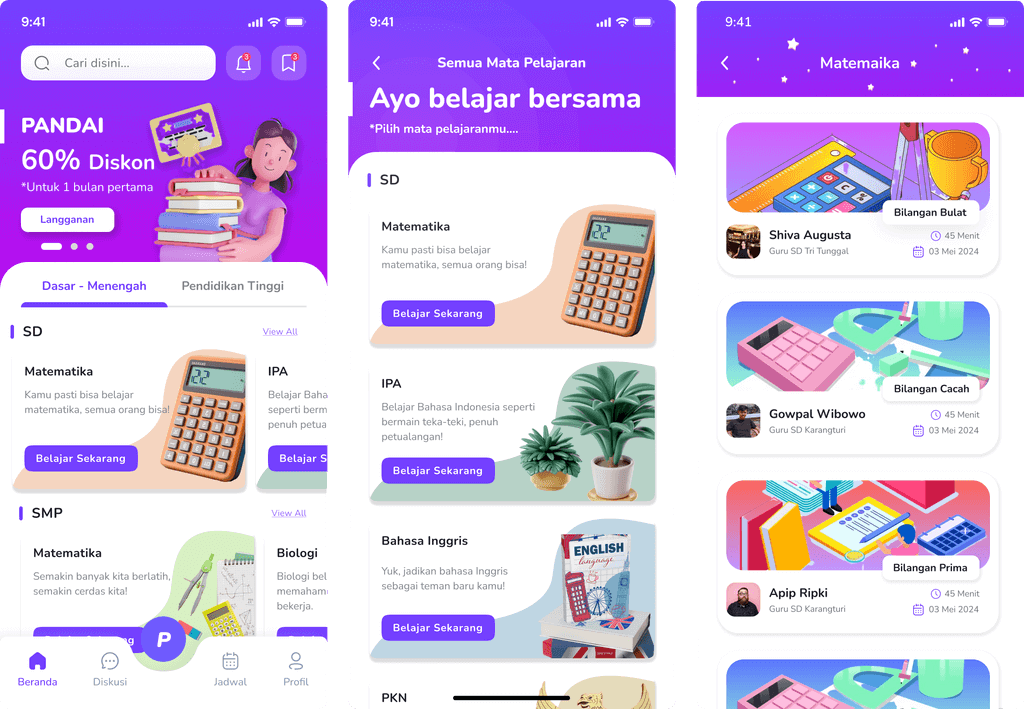Pandai learning app home and subject search screens.