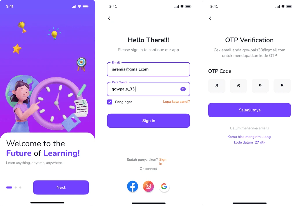 Pandai app onboarding, login, and OTP verification screens.
