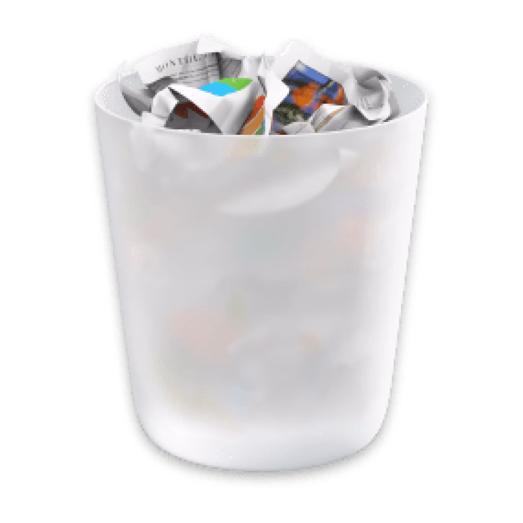 Full trash bin icon in the macOS-style dock.