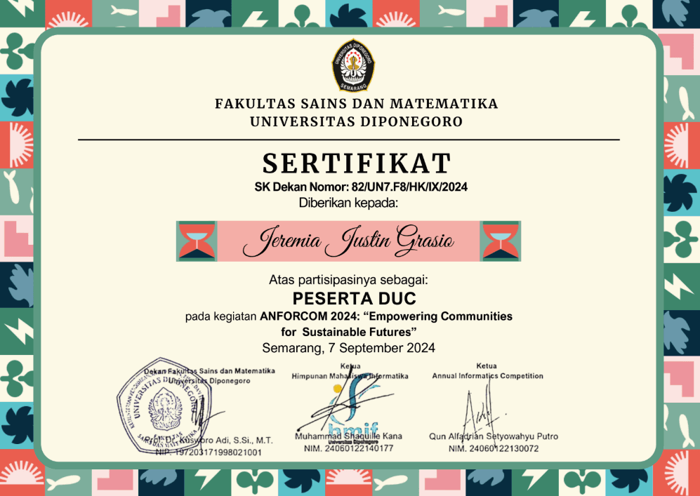 ANFORCOM UNDIP participation certificate for Jeremia Justin Grasio’s UI/UX competition entry.