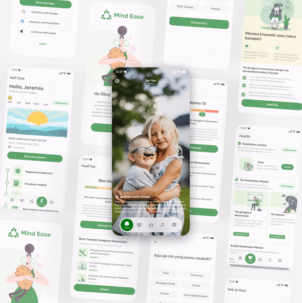 High-fidelity mockup of the MindEase app interface.