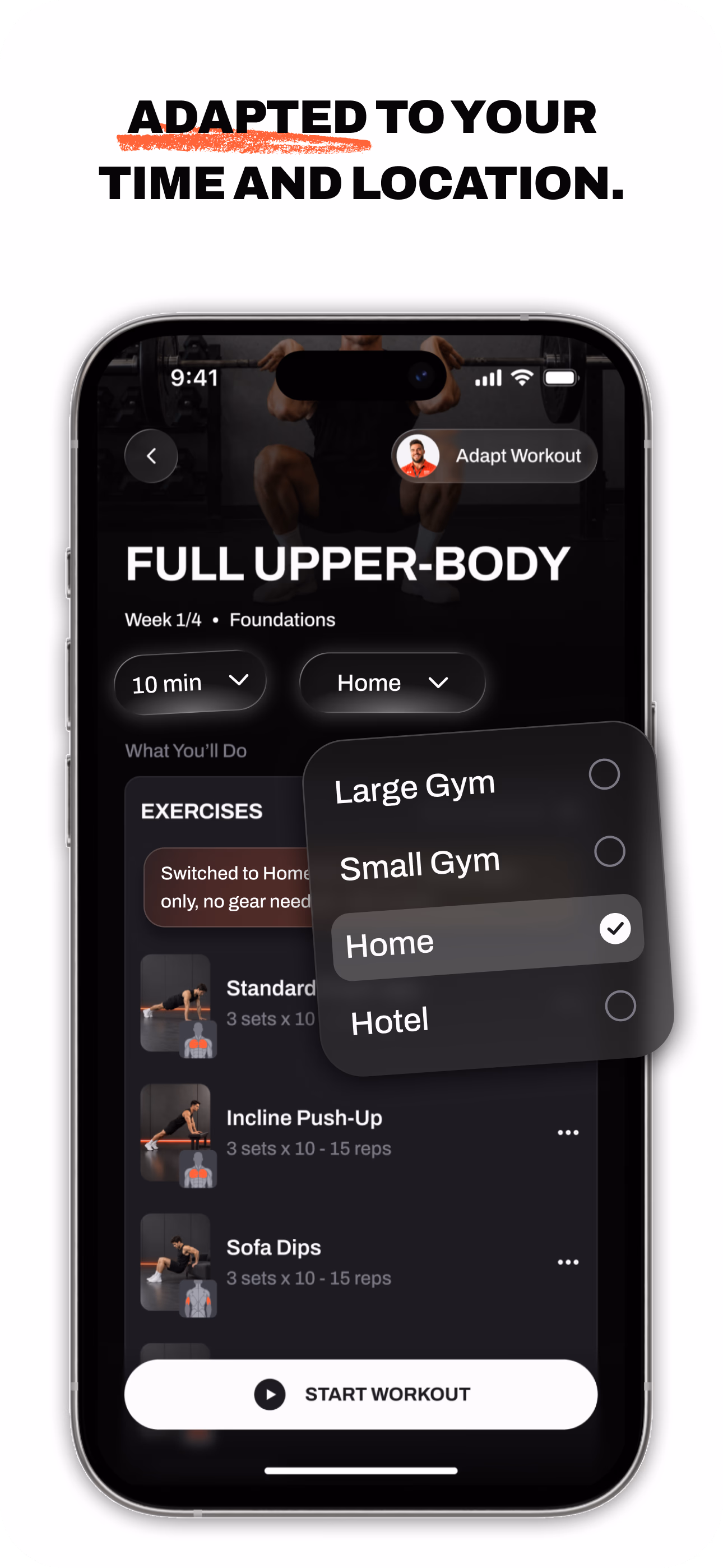 Handler workout options adapted to available gym equipment and training location.
