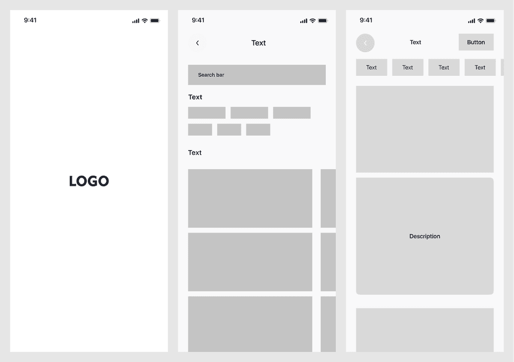 Low-fidelity mobile wireframes reused as a layout reference.