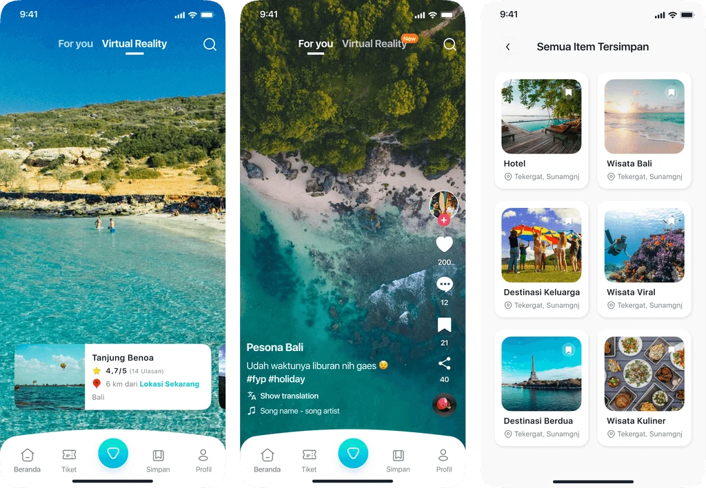 Travelmate destination exploration screens with virtual reality travel features.