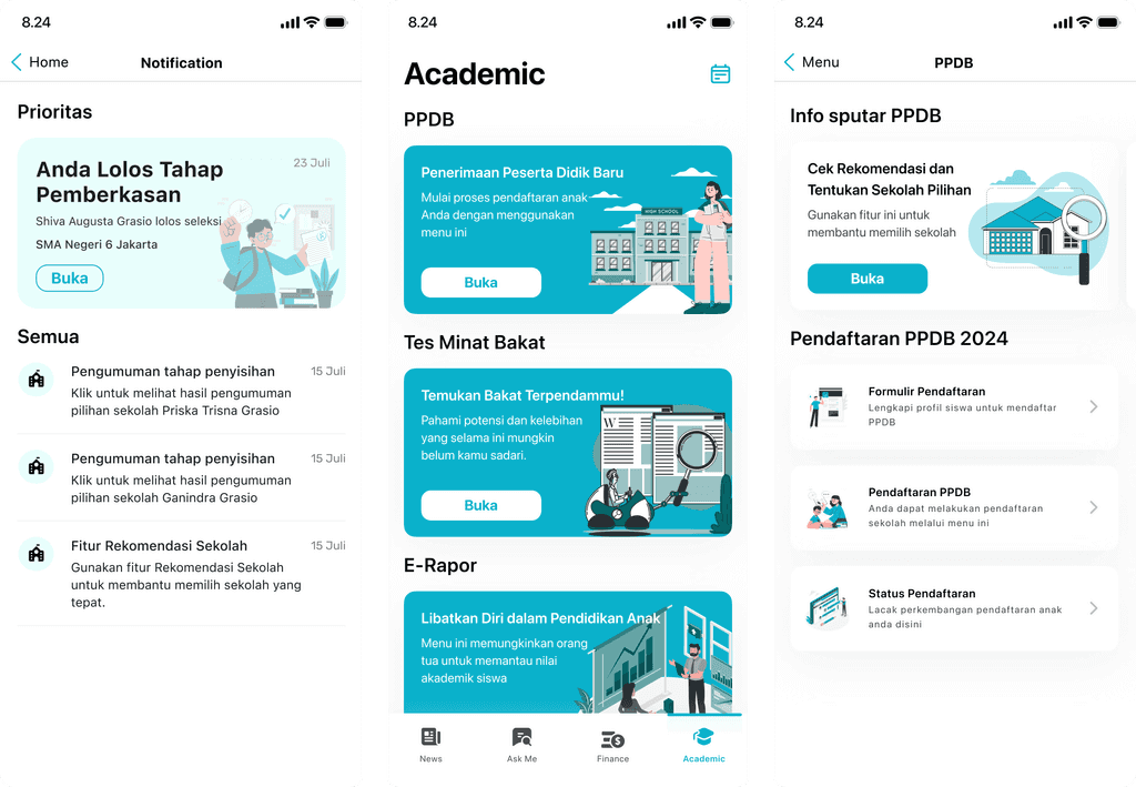 Xera education app notification, academic progress, and registration screens.