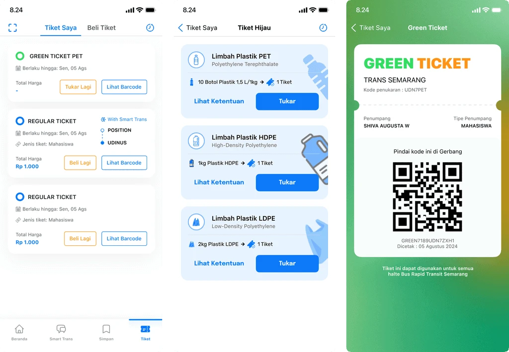 BRTku regular and green ticket purchase screens with QR code ticket.