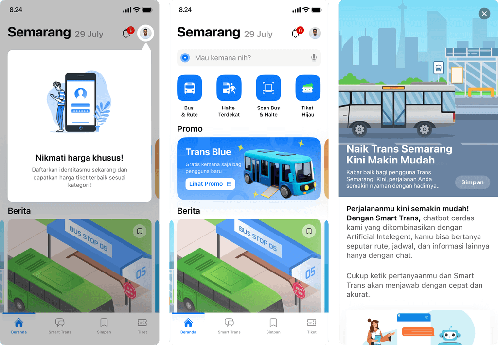 BRTku transit app onboarding, home, and news article screens.
