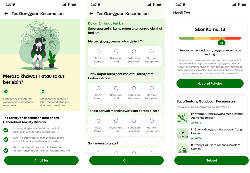 MindEase anxiety assessment questions and result screens.