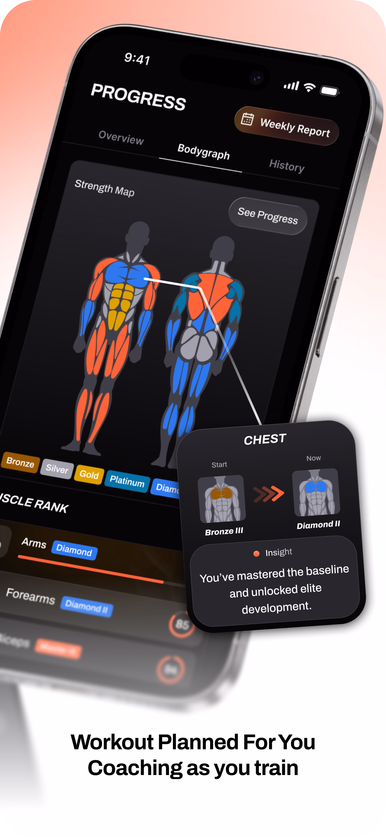 Handler muscle progress view and workout planning app preview.