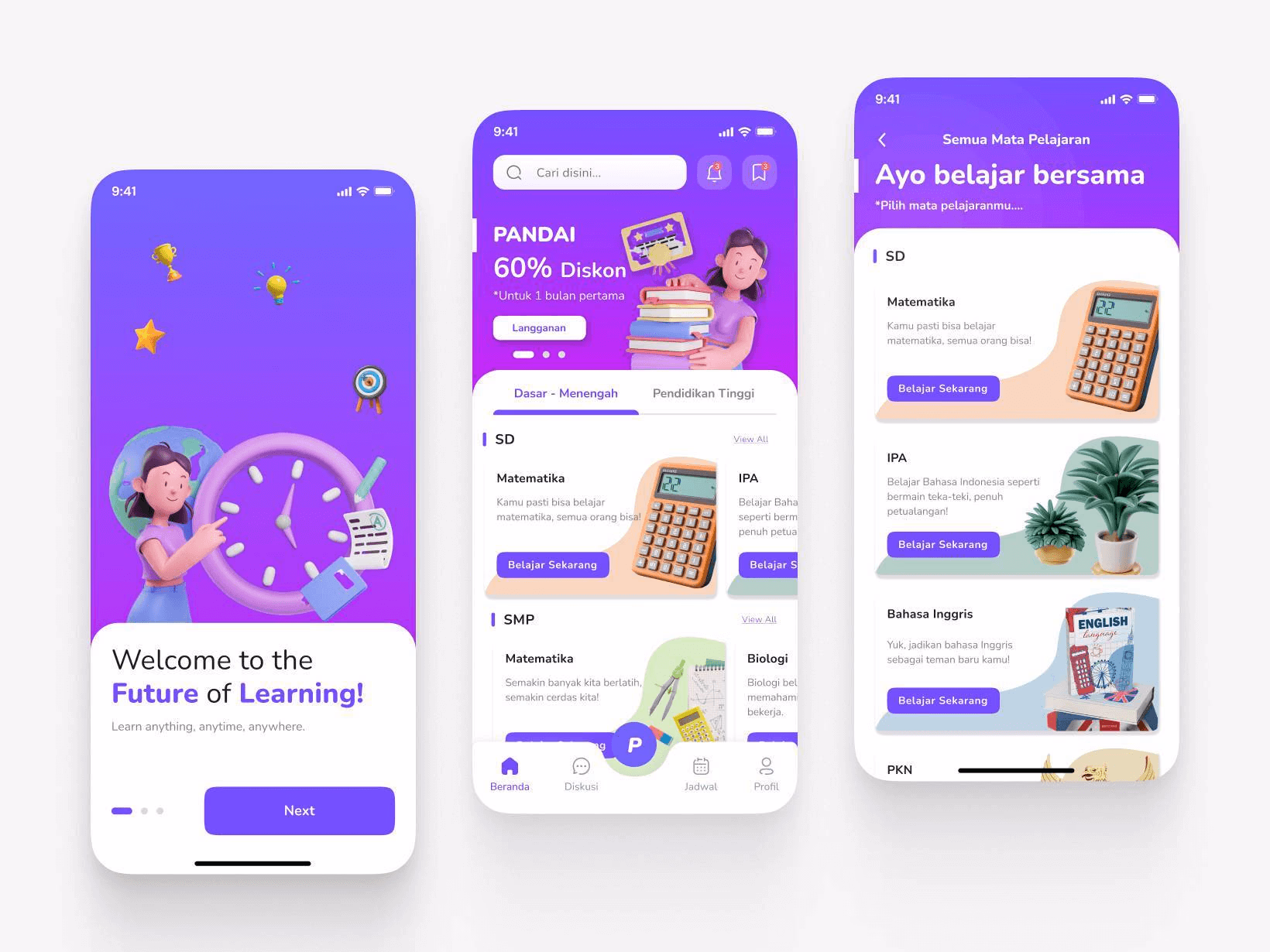 Pandai personalized learning app interface for the UDINUS UI/UX competition.