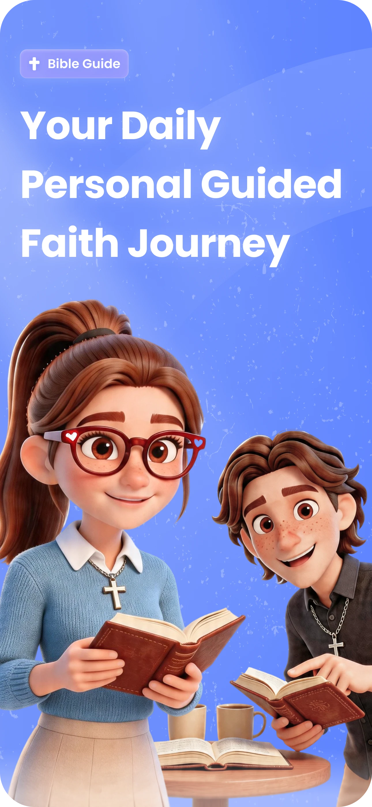 Parable guided faith journey app preview with illustrated Bible reading characters.