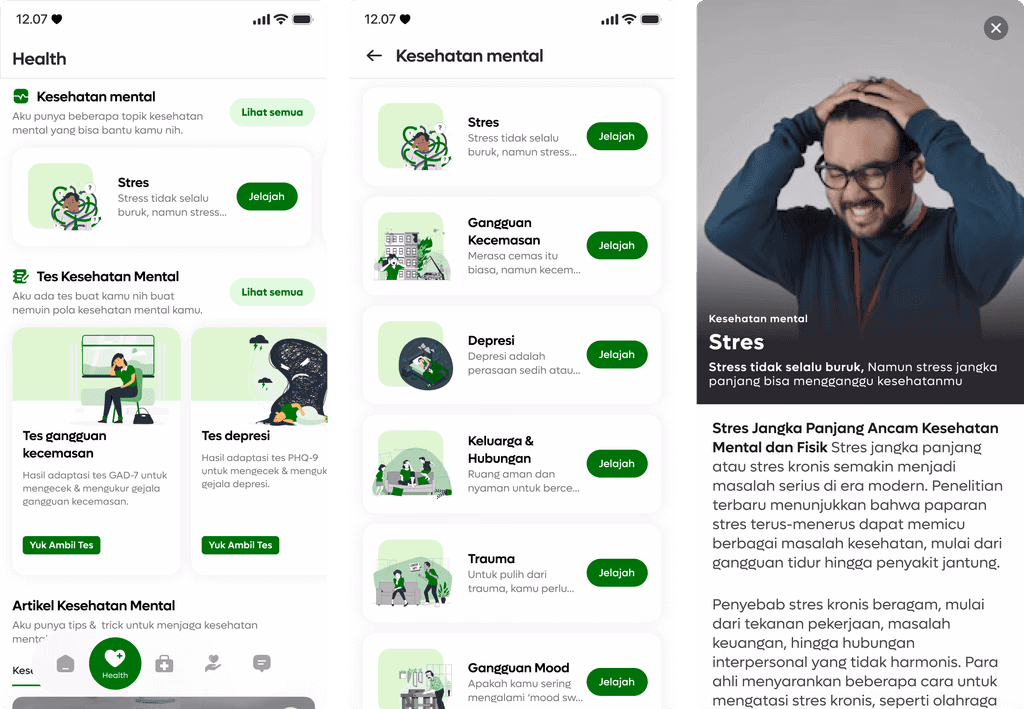MindEase mental health article categories and reading screens.