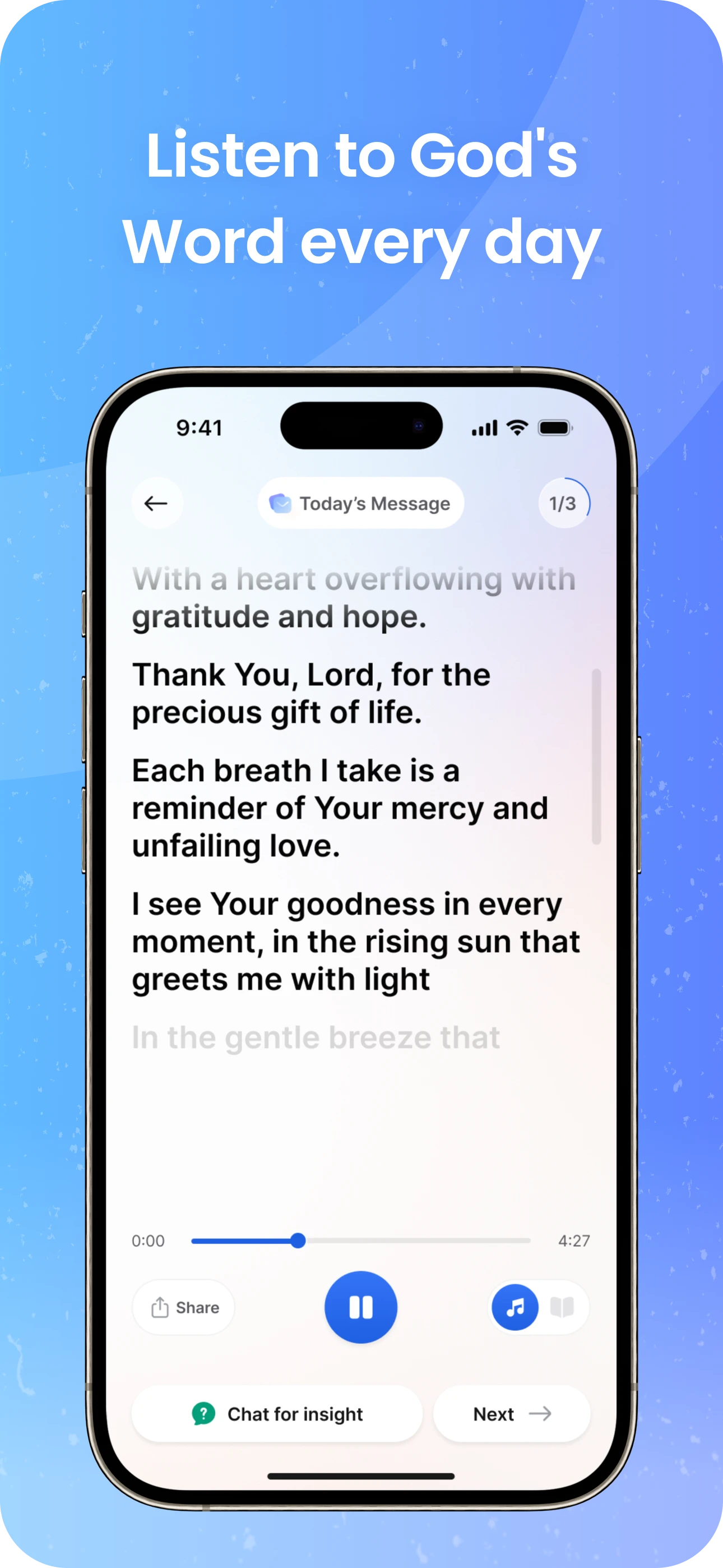 Parable Bible audio screen with playback controls and scripture text.