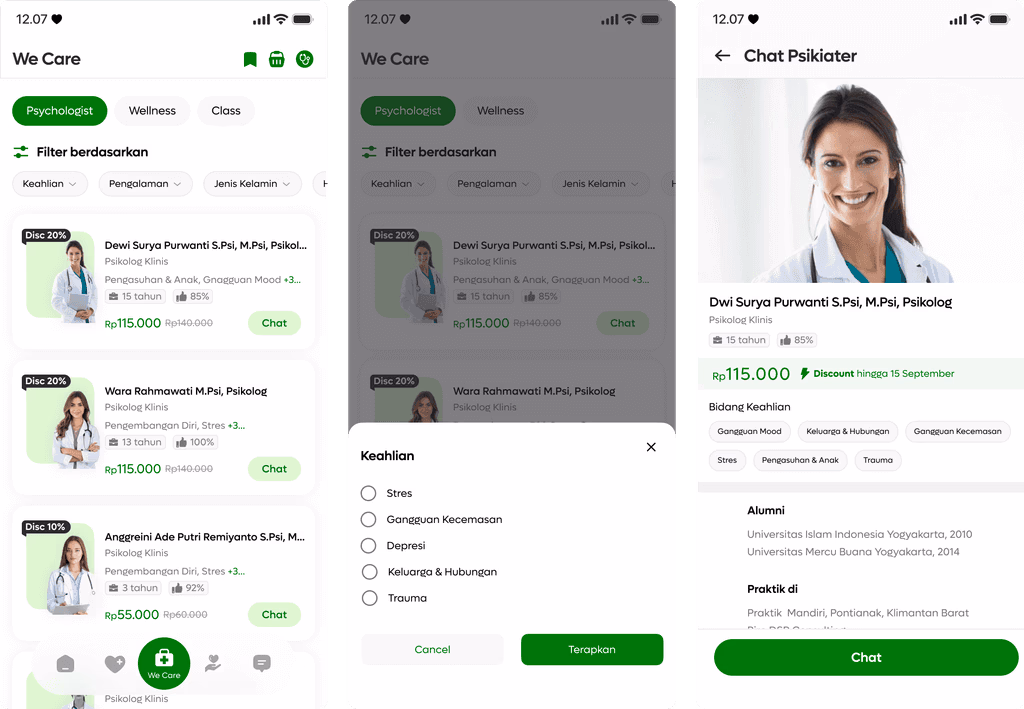 MindEase We Care help and psychologist chat screens.