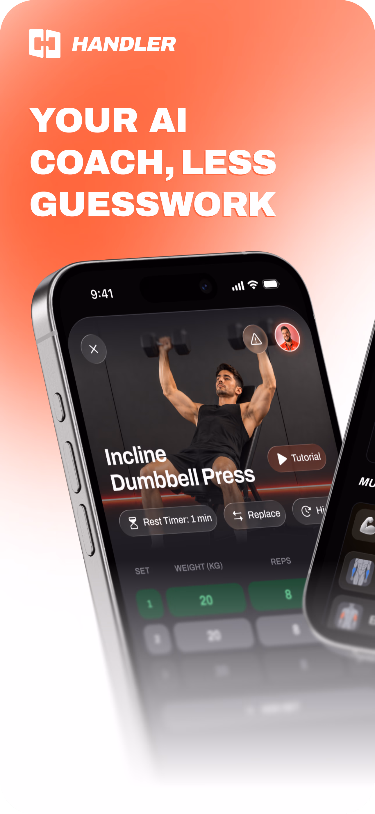 Handler workout coaching preview with an exercise session on an iPhone.