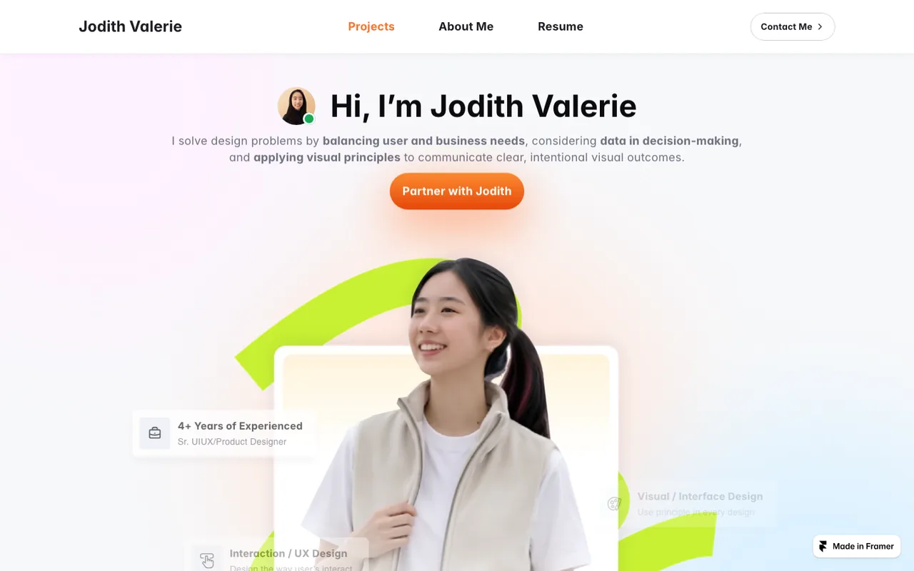 Jodith Valerie's Senior Product Designer portfolio homepage built in Framer.